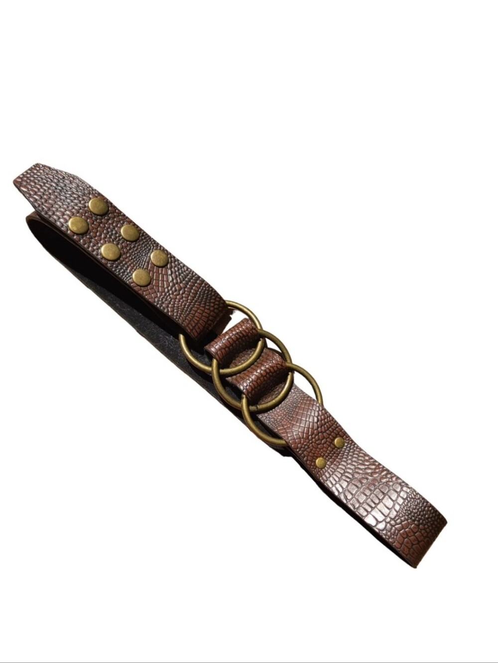 Womens Triple Ring Waist Belt Brown Alligator Embossed Snaps Modern Y2K Small